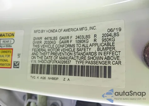 2019 Honda Accord Sport 2.0T from USA, damaged, VIN 1HGCV2F37KA026637